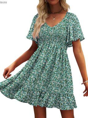 Flutter Sleeve Smocked V-Neck Sundress with Pockets Summer Casual Dress